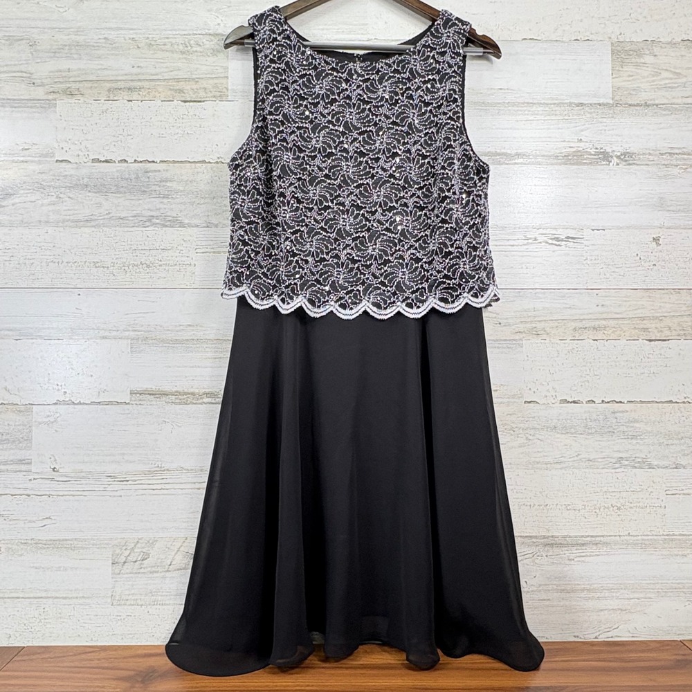 Connected Apparel Lace Sequin Dress Womens 12P Black Silver Cocktail Glam Party